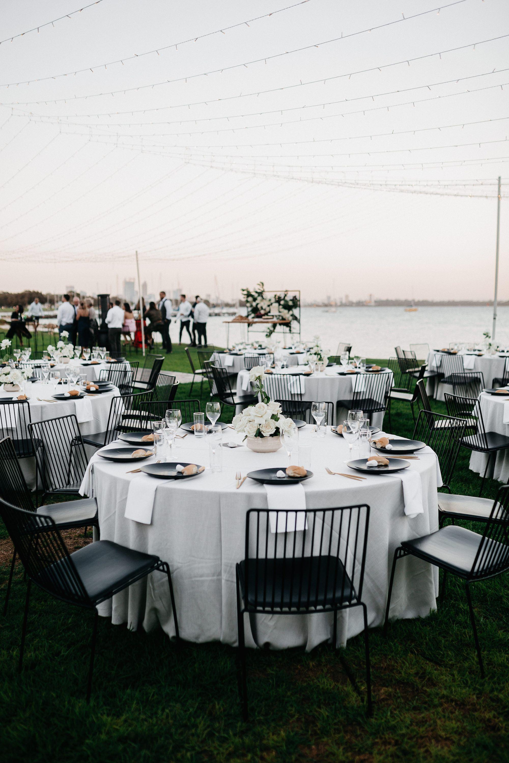 Beautiful white table setting at outdoor wedding in Perth, WA