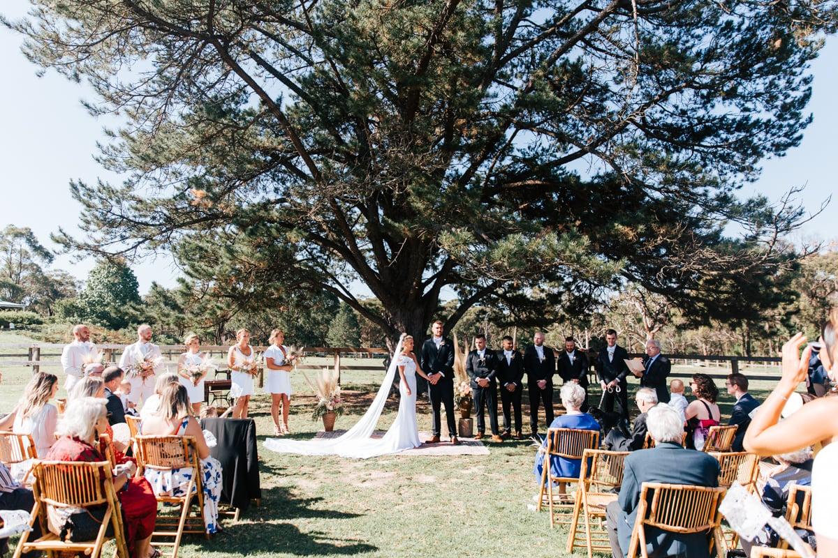 Outdoor wedding ceremony underneath large tree
